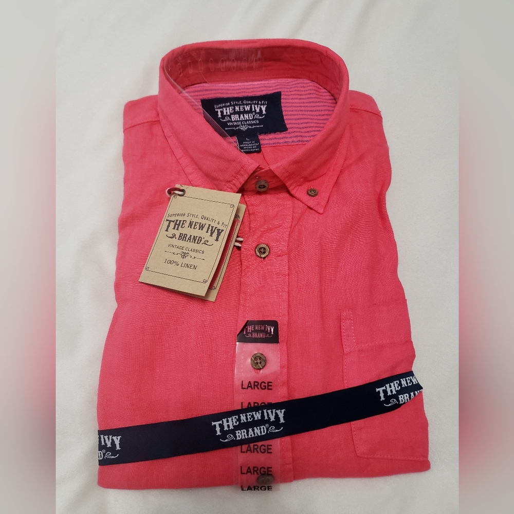 The New Ivy Brand • Long Sleeve Dress Shirt • Linen• Watermelon Red • Large